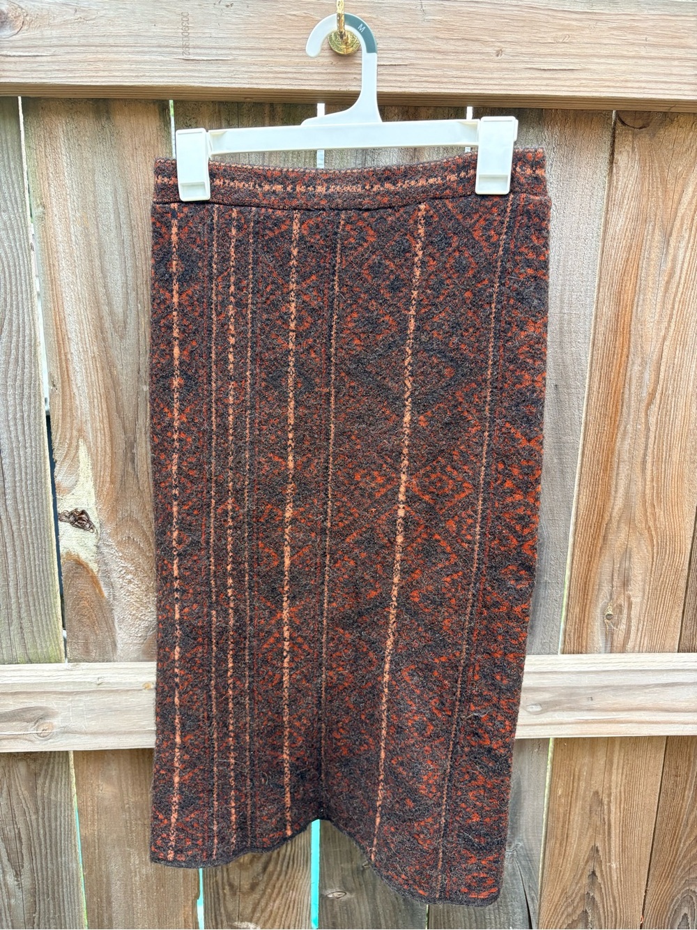 Peruvian Connection Wool Blend Brown & Orange Patterned Midi Skirt